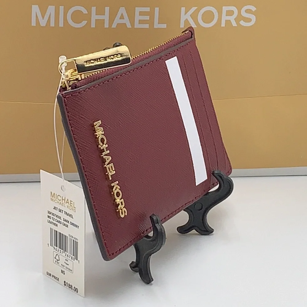 Michael Kors Jet Set Travel Medium Top Zip Card Case Wallet Dark Sherry color